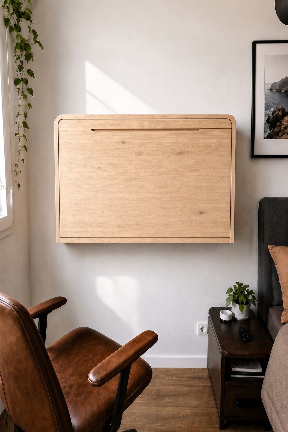 Bureau gain de place fermé dans un salon : panneau mural chêne, studio lumineux, télétravail le soir