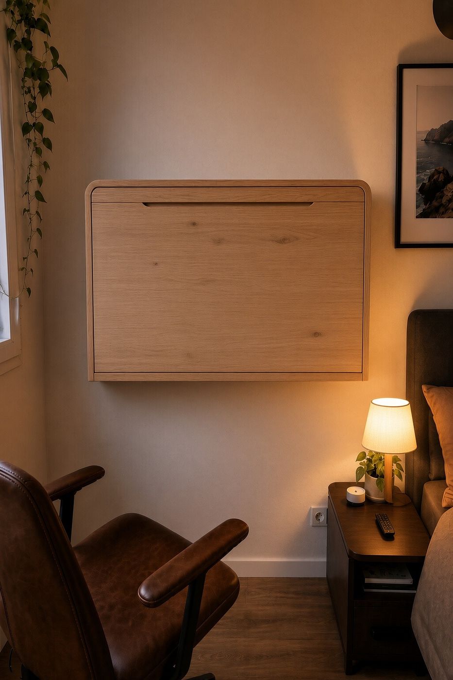 Bureau mural escamotable MURA 55 fermé au mur, chêne latté — gain de place