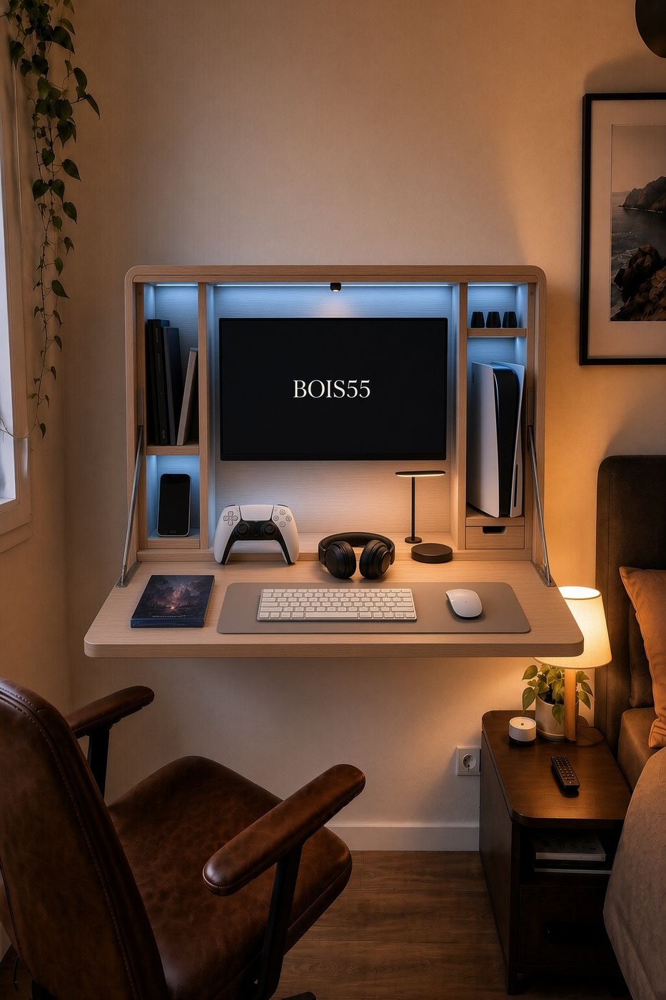 Bureau mural rabattable MURA 55 ouvert, plan de travail en chêne pour le télétravail