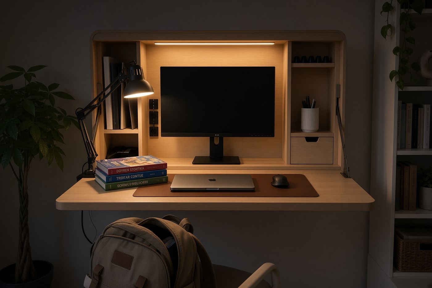Coin bureau gain de place dans un studio : bureau mural escamotable chêne pour le télétravail