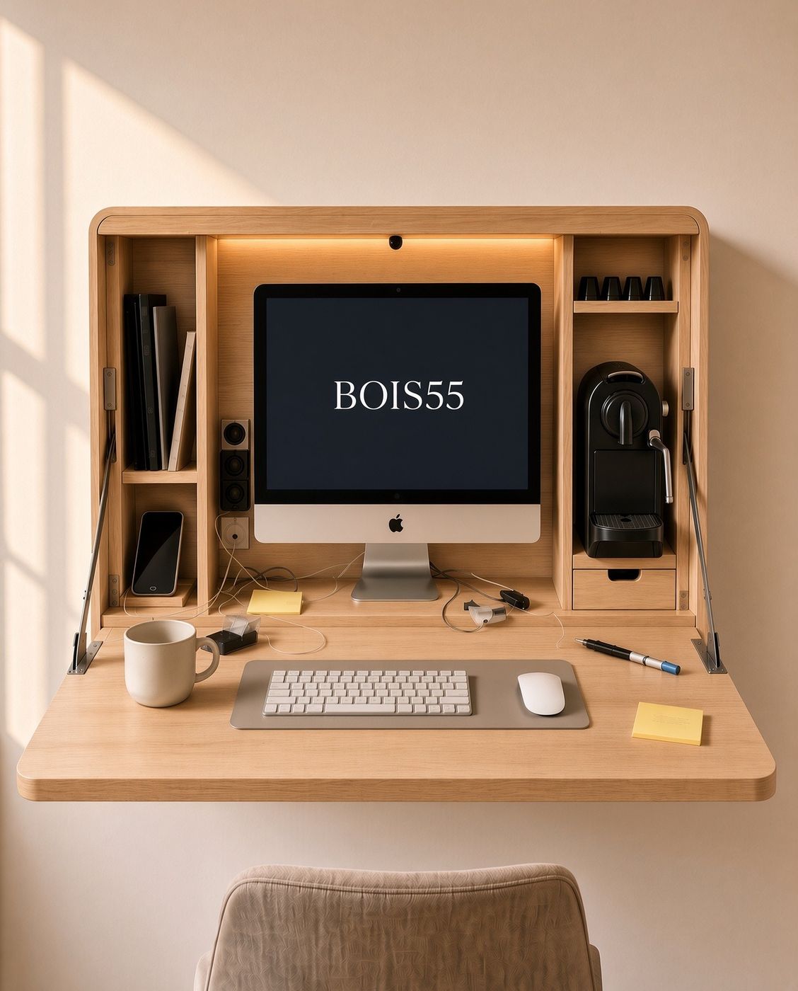 Bureau mural escamotable et rabattable en chêne latté — un secrétaire mural pour studio et télétravail. 100 cm de large, 50 cm de haut, 20 cm de profondeur : écran, rangements, LED, café. Charge 75 kg. Un geste, et le sol redevient à la pièce.